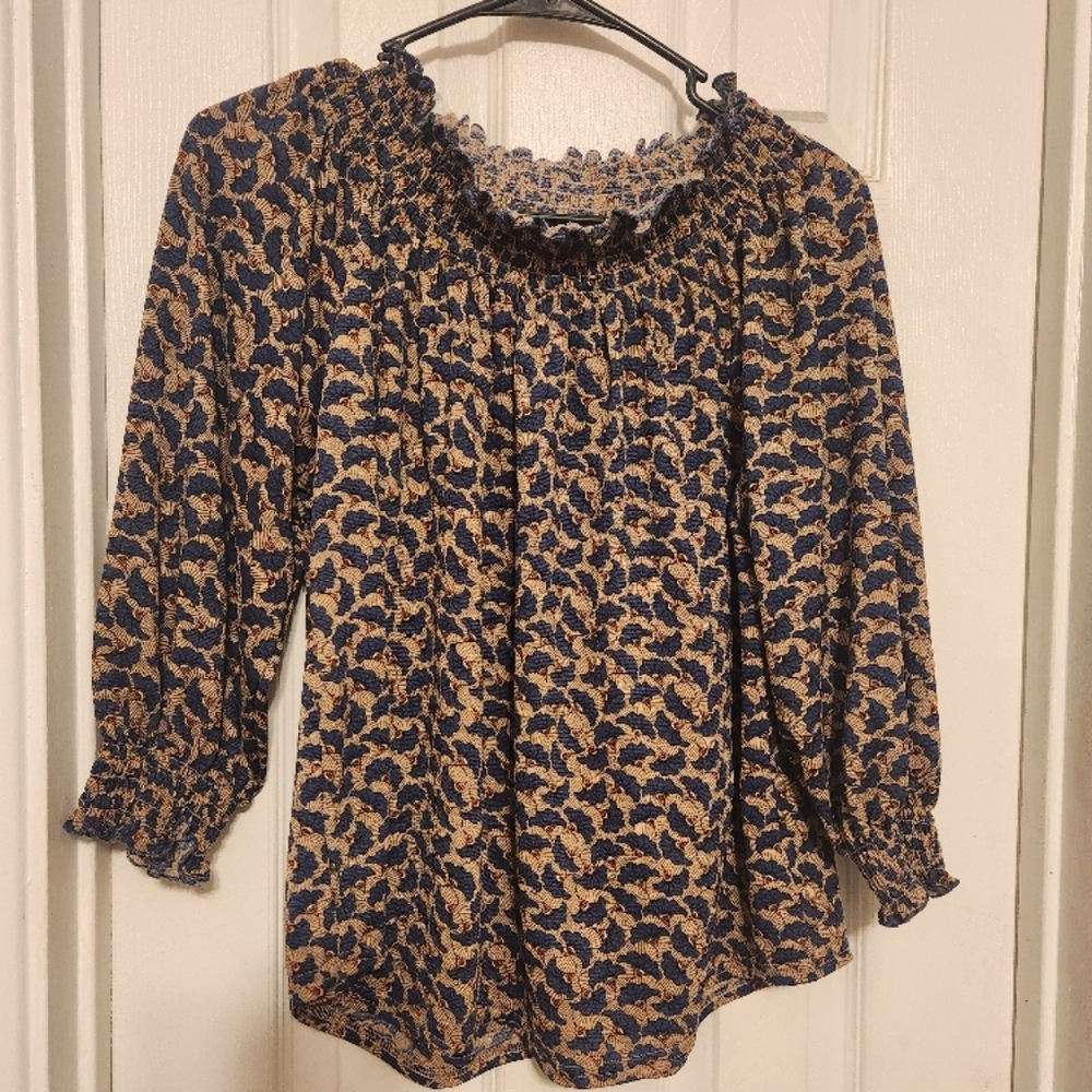 Tan and Blue Floral Smocked Blouse by Melloday